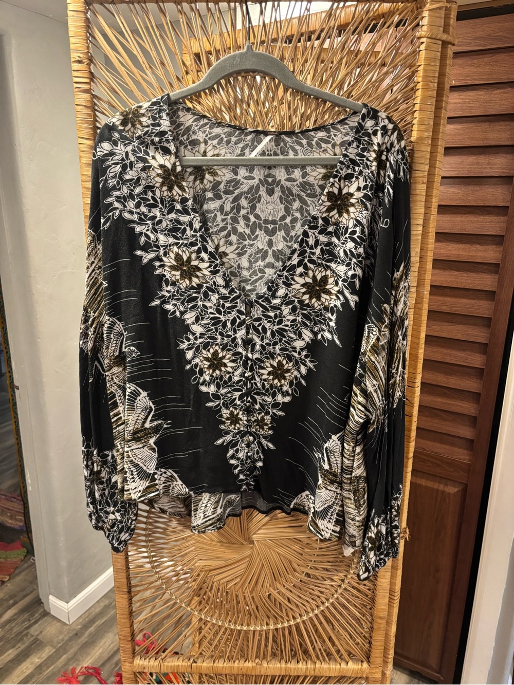 Black Floral V-Neck Women's Blouse